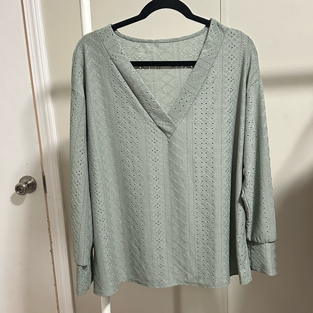 Sage Green Eyelet Pattern Longsleeve V Neck Blouse Size 1XL